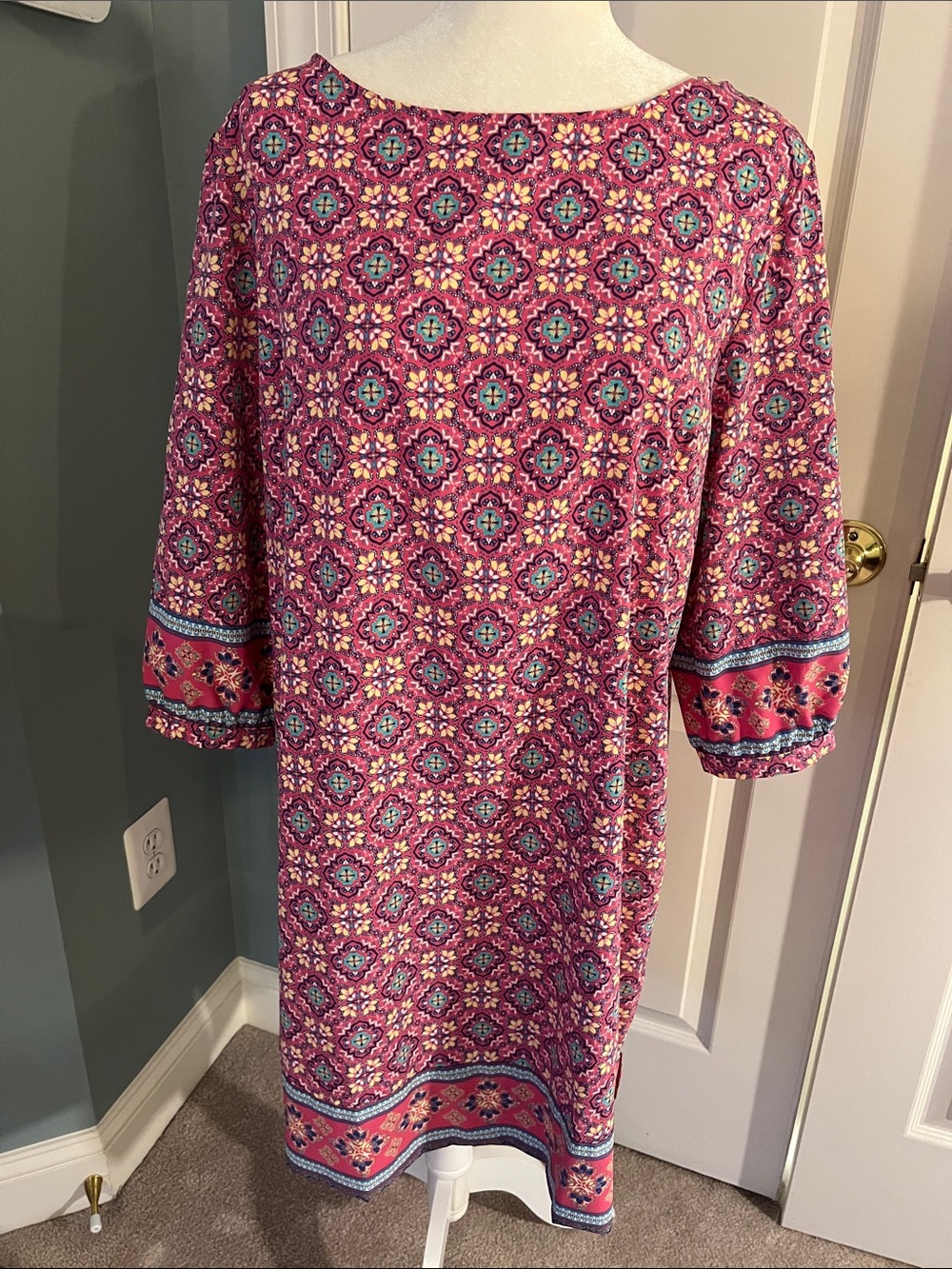 Coolibar (SPF) Pink Patterned Midi Shift Dress with Trim, NWOT, L